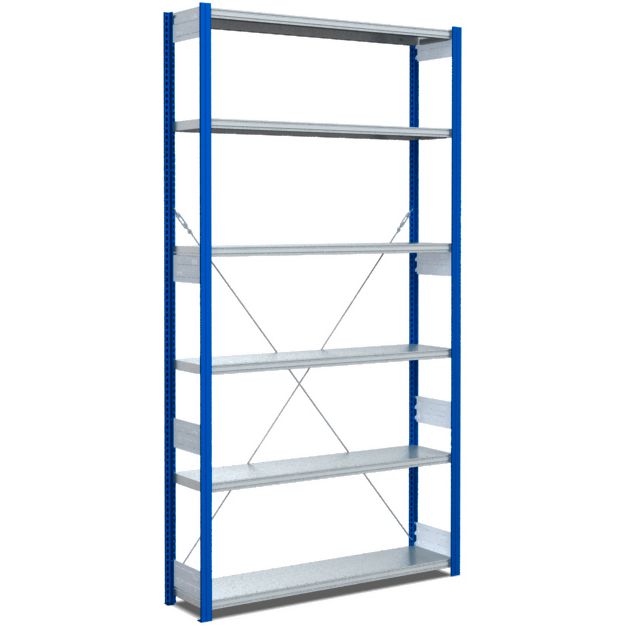 Fachbodenregale Typ EL - Fachlast 100 kg - Stützen RAL 5010 Enzianblau, übrige Regalbauteile glanzverzinkt