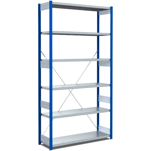 Fachbodenregale Typ EL - Fachlast 100 kg - Stützen RAL 5010 Enzianblau, übrige Regalbauteile glanzverzinkt