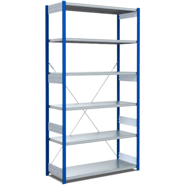 Fachbodenregale Typ EL - Fachlast 100 kg - Stützen RAL 5010 Enzianblau, übrige Regalbauteile glanzverzinkt