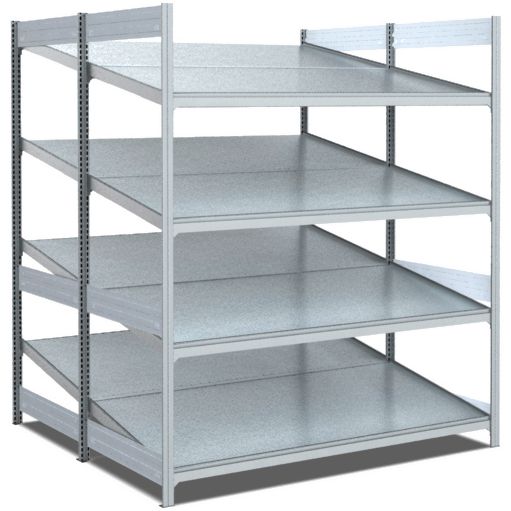 Bereitstellregale - doppelt tief/hinten schräg/vorne schräg, glanzverzinkte Ausführung