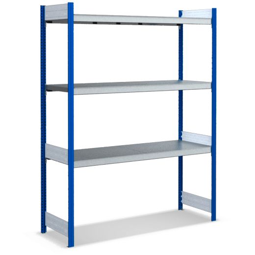 Großfachregale mit Stahlböden - Stützen RAL 5010 Enzianblau, übrige Regalbauteile glanzverzinkt