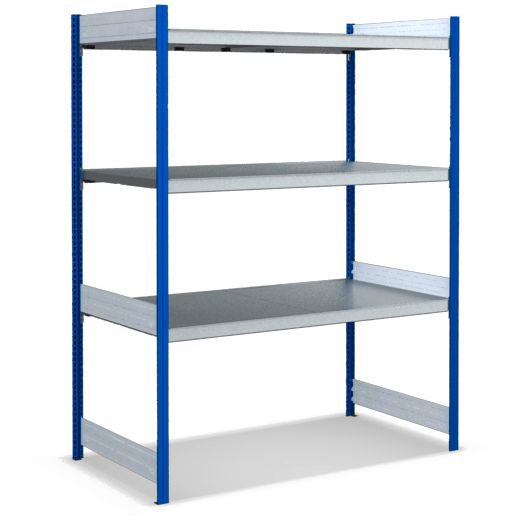 Großfachregale mit Stahlböden - Stützen RAL 5010 Enzianblau, übrige Regalbauteile glanzverzinkt