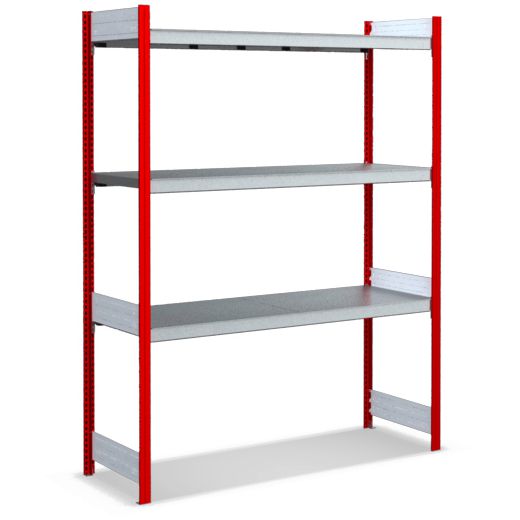 Großfachregale mit Stahlböden - Stützen RAL 3000 Feuerrot, übrige Regalbauteile glanzverzinkt
