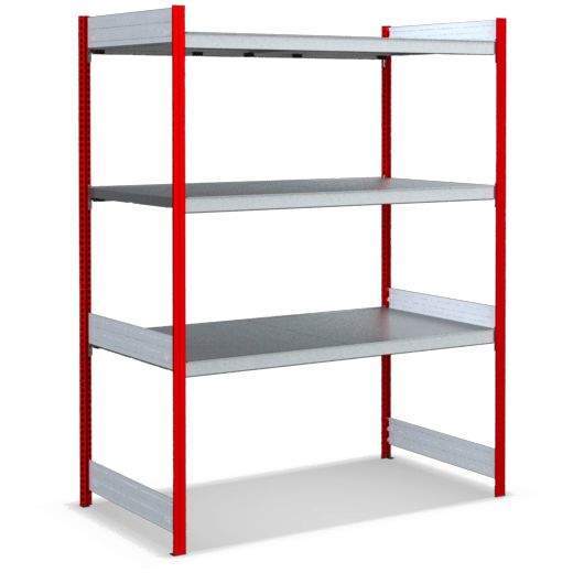 Großfachregale mit Stahlböden - Stützen RAL 3000 Feuerrot, übrige Regalbauteile glanzverzinkt