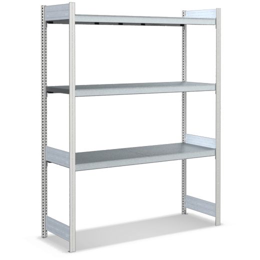 Großfachregale mit Stahlböden - Stützen RAL 7035 Lichtgrau, übrige Regalbauteile glanzverzinkt