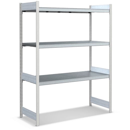 Großfachregale mit Stahlböden - Stützen RAL 7035 Lichtgrau, übrige Regalbauteile glanzverzinkt