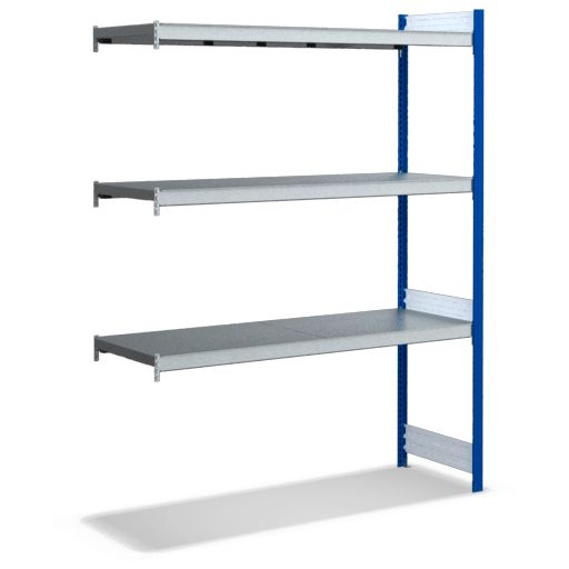 Großfachregale mit Stahlböden - Stützen RAL 5010 Enzianblau, übrige Regalbauteile glanzverzinkt