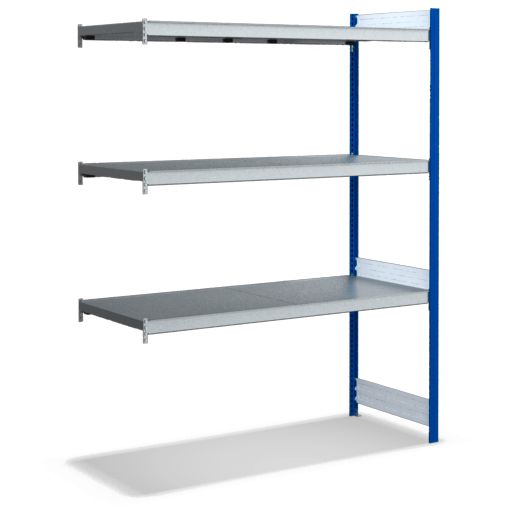 Großfachregale mit Stahlböden - Stützen RAL 5010 Enzianblau, übrige Regalbauteile glanzverzinkt