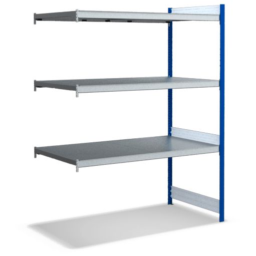 Großfachregale mit Stahlböden - Stützen RAL 5010 Enzianblau, übrige Regalbauteile glanzverzinkt