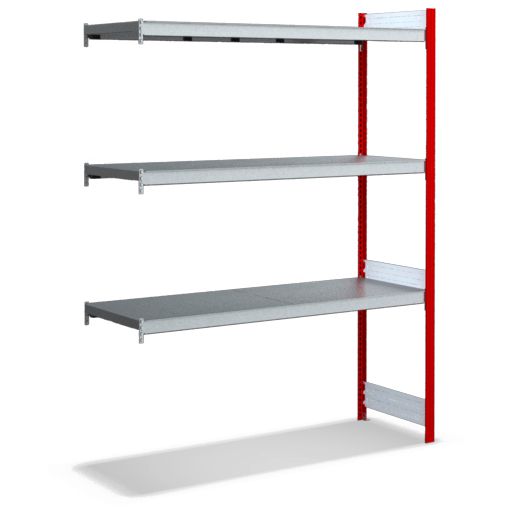 Großfachregale mit Stahlböden - Stützen RAL 3000 Feuerrot, übrige Regalbauteile glanzverzinkt