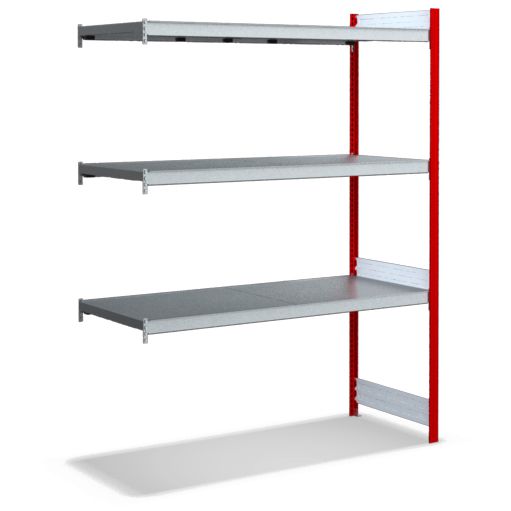 Großfachregale mit Stahlböden - Stützen RAL 3000 Feuerrot, übrige Regalbauteile glanzverzinkt