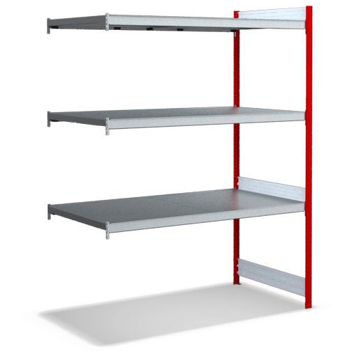 Großfachregale mit Stahlböden - Stützen RAL 3000 Feuerrot, übrige Regalbauteile glanzverzinkt