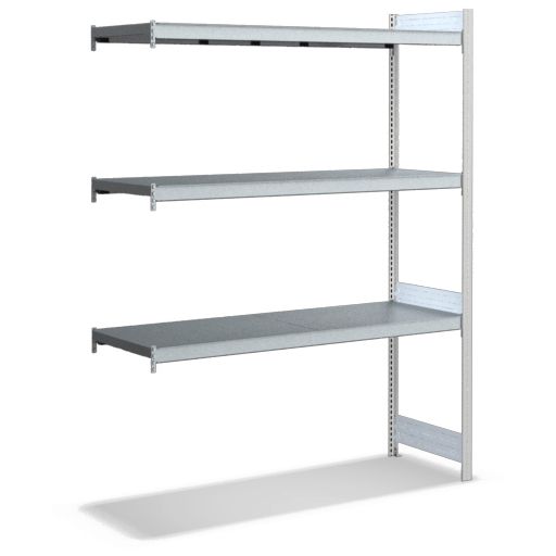 Großfachregale mit Stahlböden - Stützen RAL 7035 Lichtgrau, übrige Regalbauteile glanzverzinkt