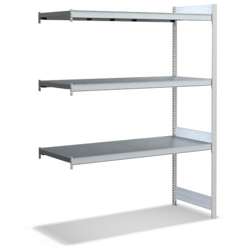 Großfachregale mit Stahlböden - Stützen RAL 7035 Lichtgrau, übrige Regalbauteile glanzverzinkt