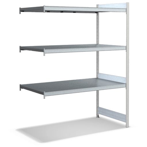 Großfachregale mit Stahlböden - Stützen RAL 7035 Lichtgrau, übrige Regalbauteile glanzverzinkt