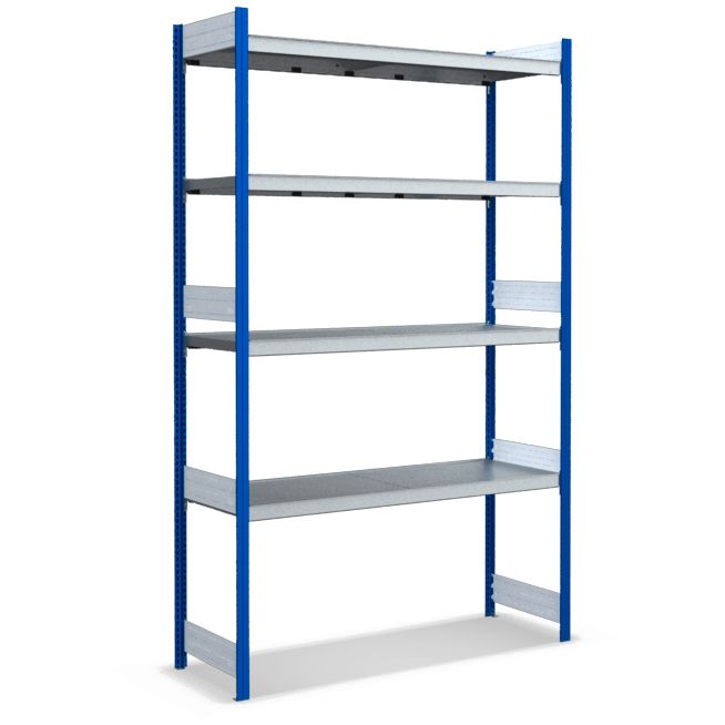 Großfachregale mit Stahlböden - Stützen RAL 5010 Enzianblau, übrige Regalbauteile glanzverzinkt