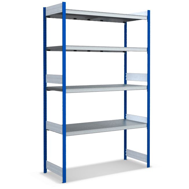Großfachregale mit Stahlböden - Stützen RAL 5010 Enzianblau, übrige Regalbauteile glanzverzinkt