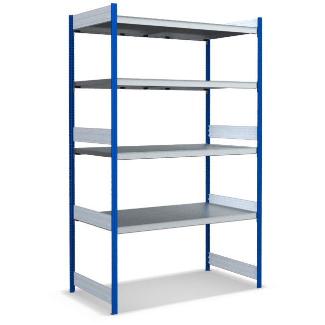 Großfachregale mit Stahlböden - Stützen RAL 5010 Enzianblau, übrige Regalbauteile glanzverzinkt