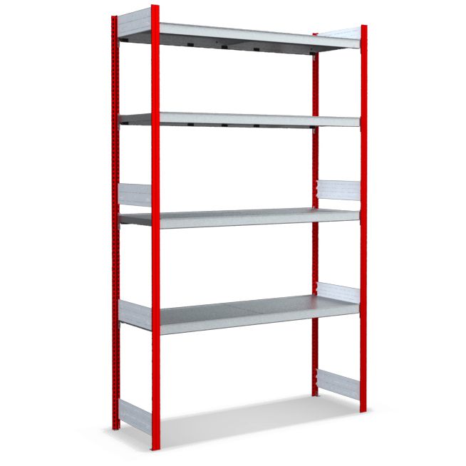 Großfachregale mit Stahlböden - Stützen RAL 3000 Feuerrot, übrige Regalbauteile glanzverzinkt