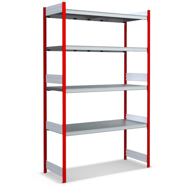 Großfachregale mit Stahlböden - Stützen RAL 3000 Feuerrot, übrige Regalbauteile glanzverzinkt