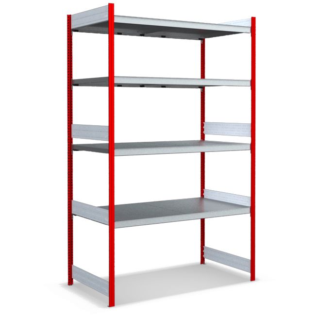 Großfachregale mit Stahlböden - Stützen RAL 3000 Feuerrot, übrige Regalbauteile glanzverzinkt