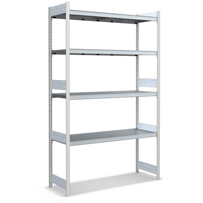 Großfachregale mit Stahlböden - Stützen RAL 7035 Lichtgrau, übrige Regalbauteile glanzverzinkt