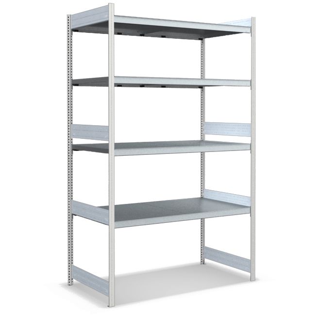 Großfachregale mit Stahlböden - Stützen RAL 7035 Lichtgrau, übrige Regalbauteile glanzverzinkt