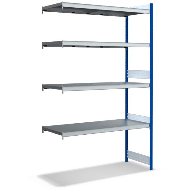 Großfachregale mit Stahlböden - Stützen RAL 5010 Enzianblau, übrige Regalbauteile glanzverzinkt