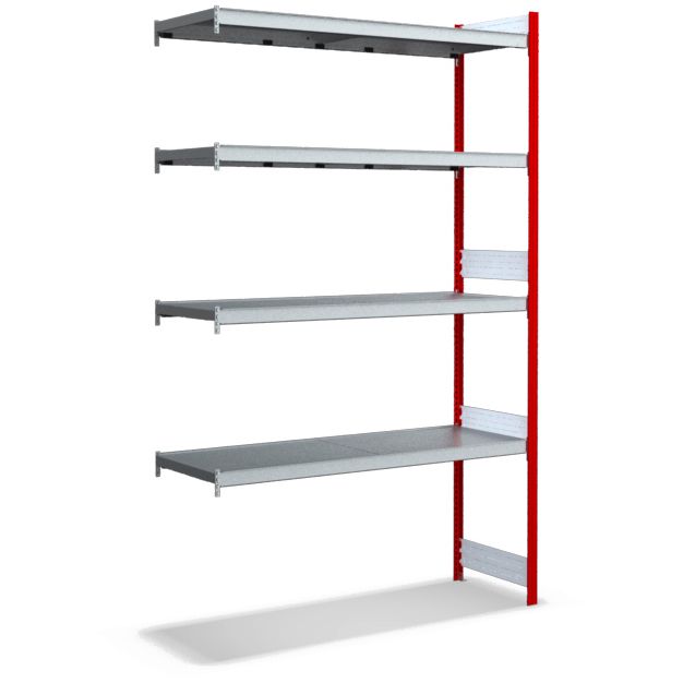 Großfachregale mit Stahlböden - Stützen RAL 3000 Feuerrot, übrige Regalbauteile glanzverzinkt