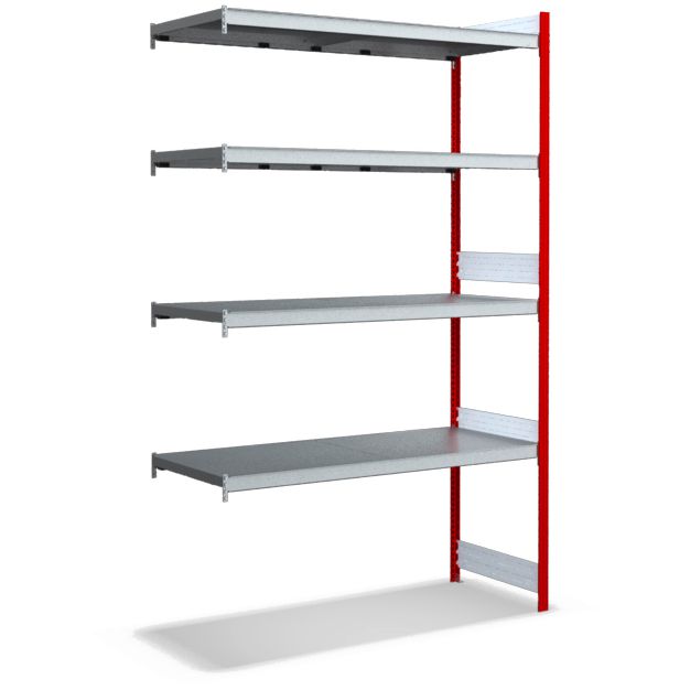 Großfachregale mit Stahlböden - Stützen RAL 3000 Feuerrot, übrige Regalbauteile glanzverzinkt