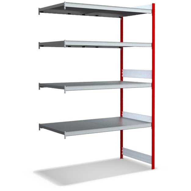 Großfachregale mit Stahlböden - Stützen RAL 3000 Feuerrot, übrige Regalbauteile glanzverzinkt