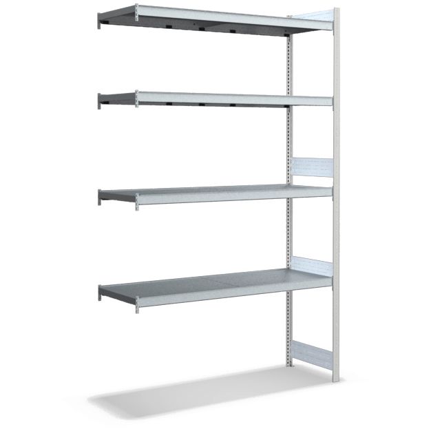 Großfachregale mit Stahlböden - Stützen RAL 7035 Lichtgrau, übrige Regalbauteile glanzverzinkt