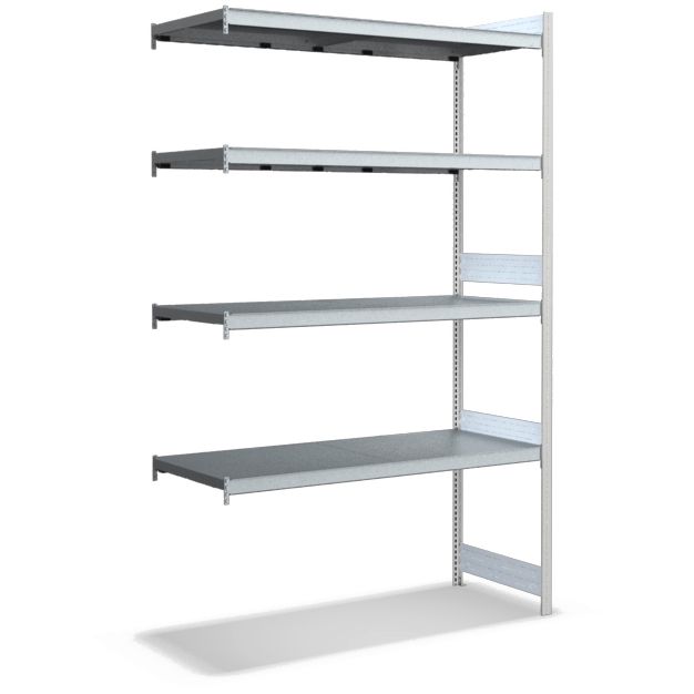 Großfachregale mit Stahlböden - Stützen RAL 7035 Lichtgrau, übrige Regalbauteile glanzverzinkt