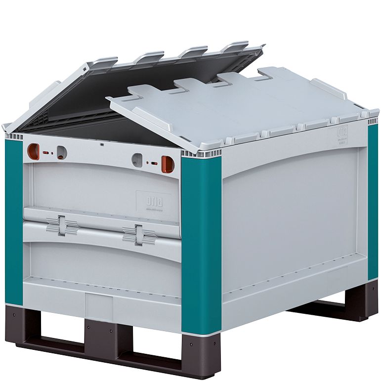 Schwerlastbehälter SL SLDK86424K - stirnseitige Entnahmeklappe, anscharnierter zweiteiliger Klappdeckel