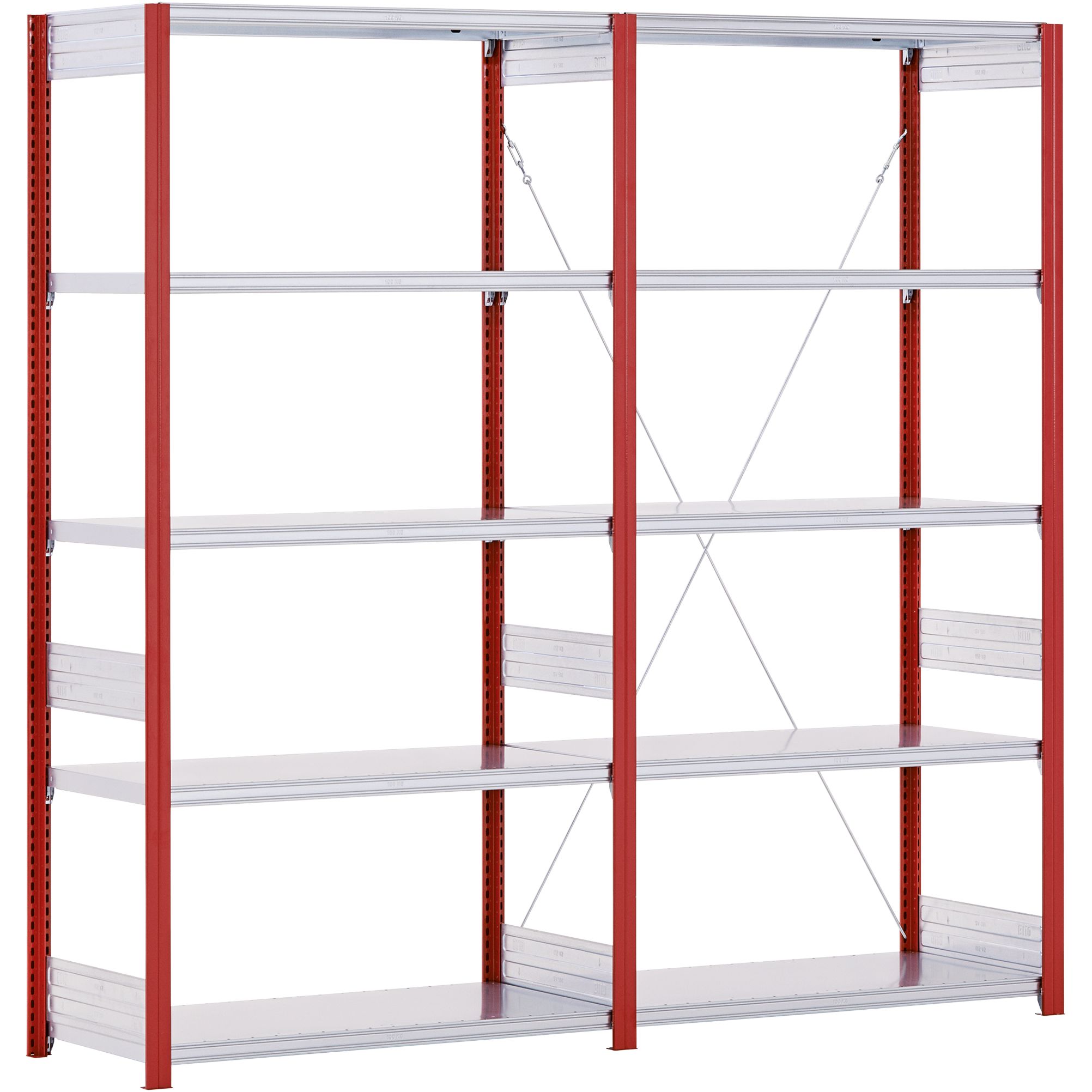 Fachbodenregale Typ EL - Fachlast 100 kg - Stützen RAL 3000 Feuerrot, übrige Regalbauteile glanzverzinkt