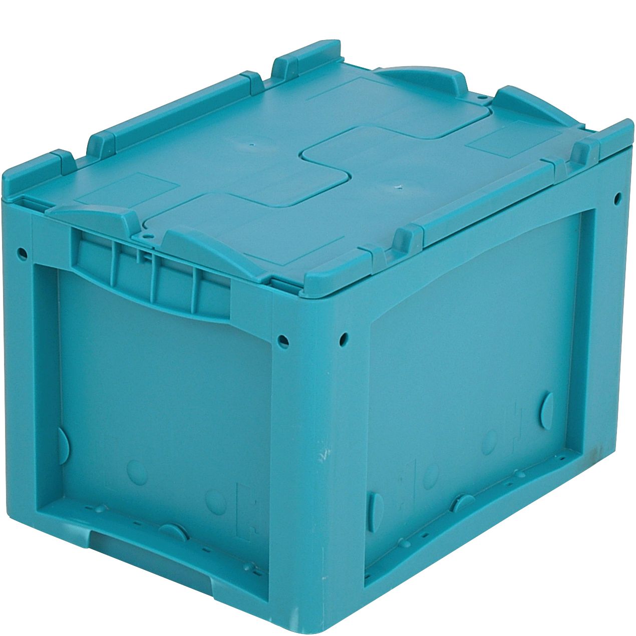 Kleinladungsträger KLT mit Doppelboden KLTD43270D - mit anscharniertem zweiteiligem Klappdeckel