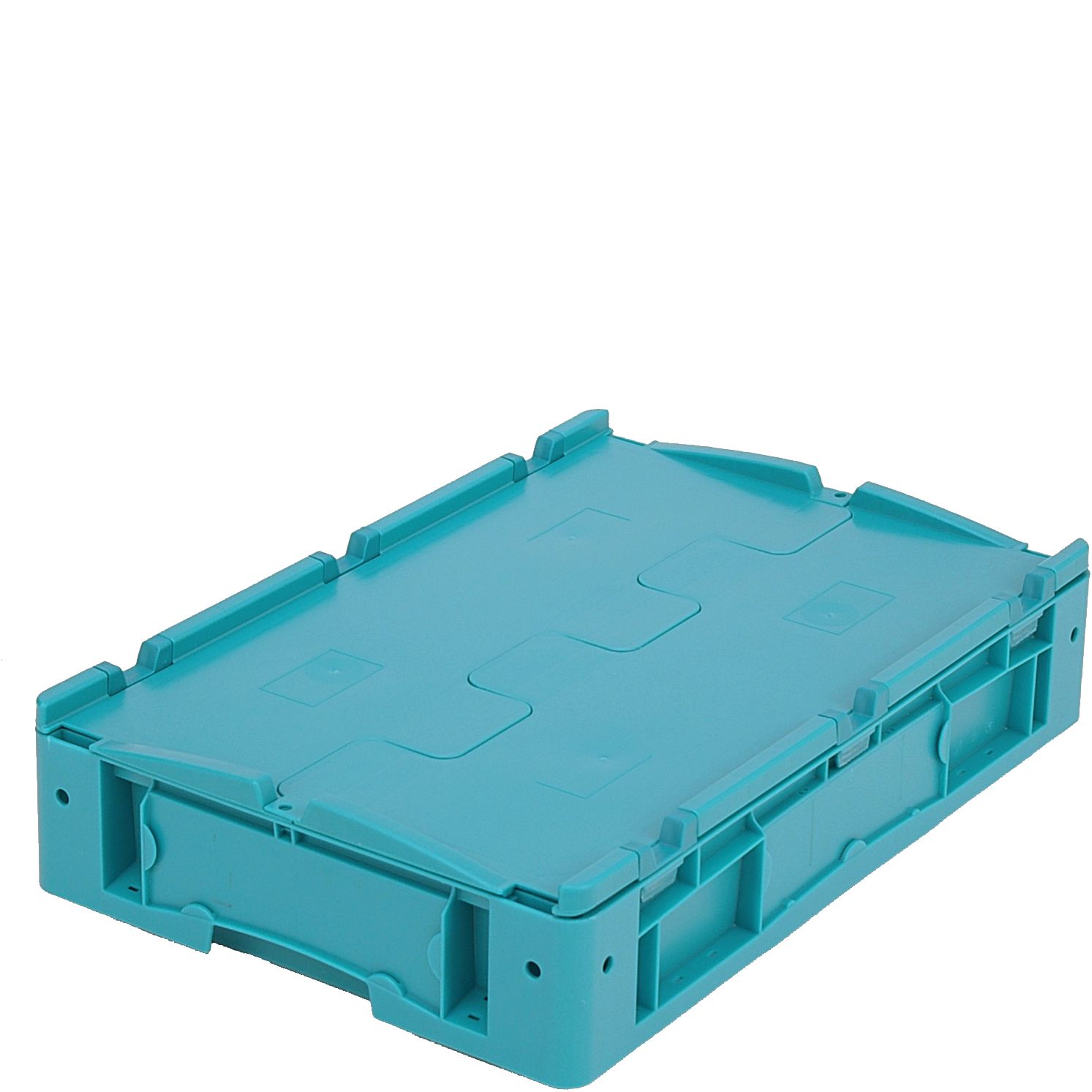 Kleinladungsträger KLT mit Doppelboden KLTD64120D - mit anscharniertem zweiteiligem Klappdeckel