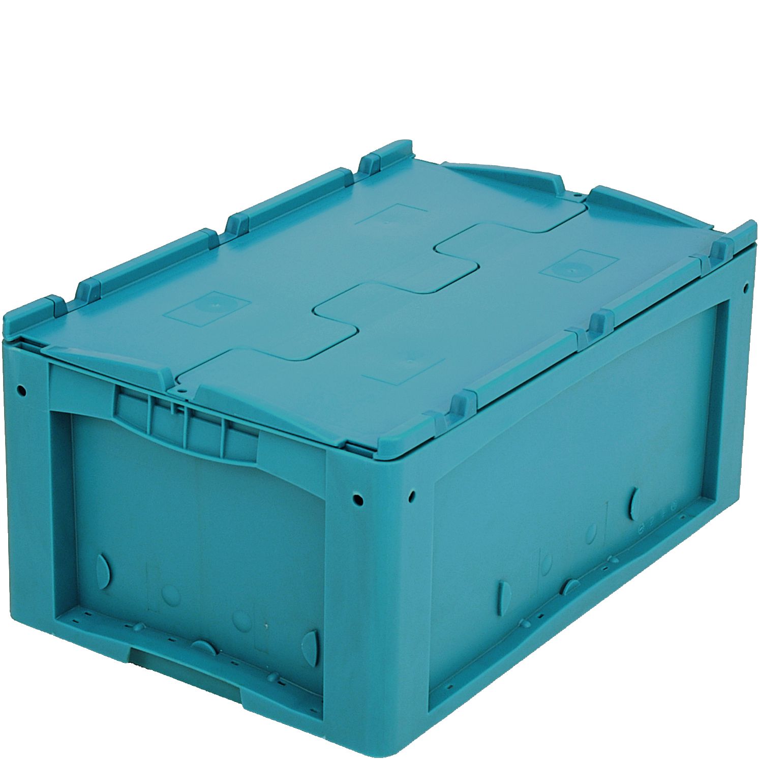 Kleinladungsträger KLT mit Doppelboden KLTD64270D - mit anscharniertem zweiteiligem Klappdeckel