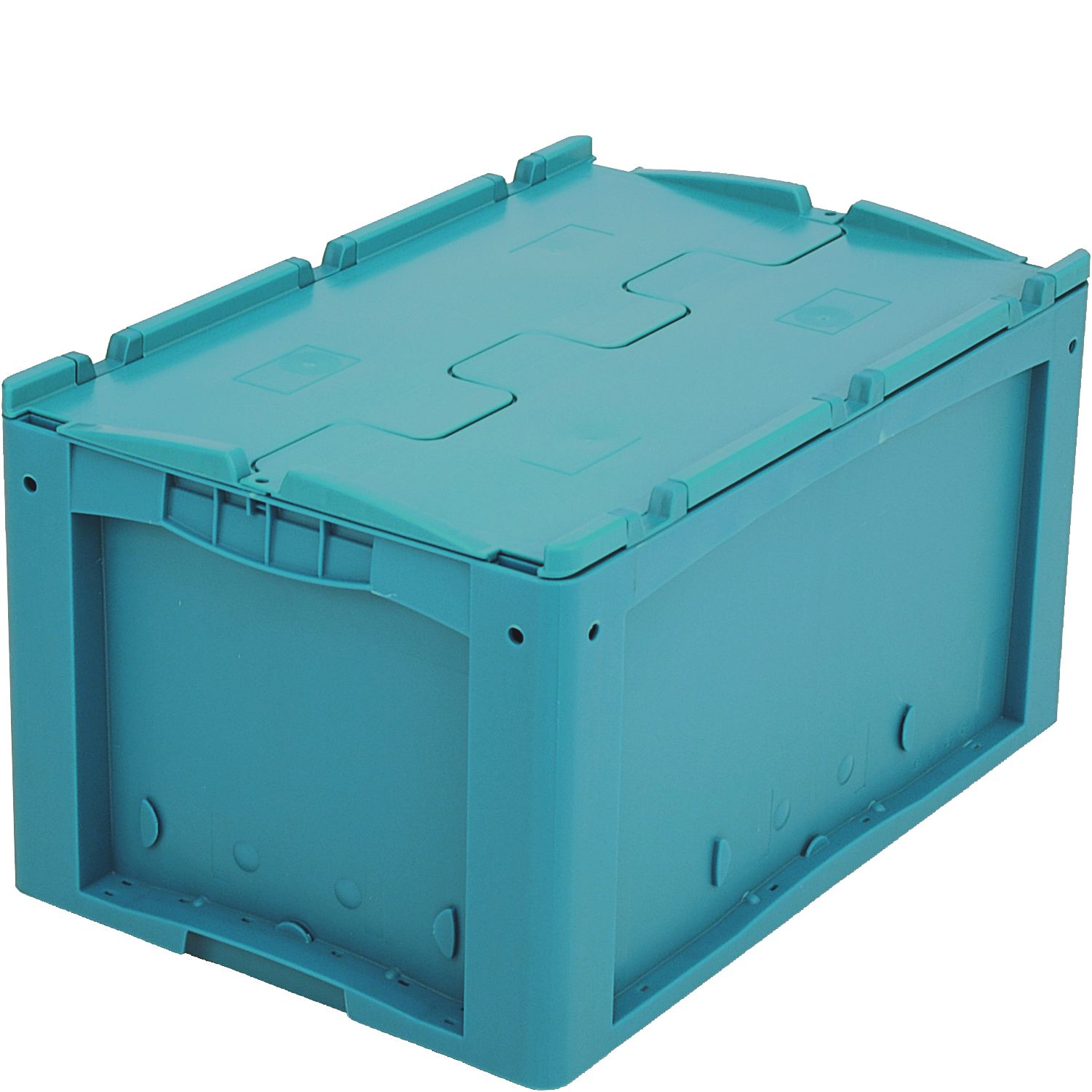 Kleinladungsträger KLT mit Doppelboden KLTD64320D - mit anscharniertem zweiteiligem Klappdeckel