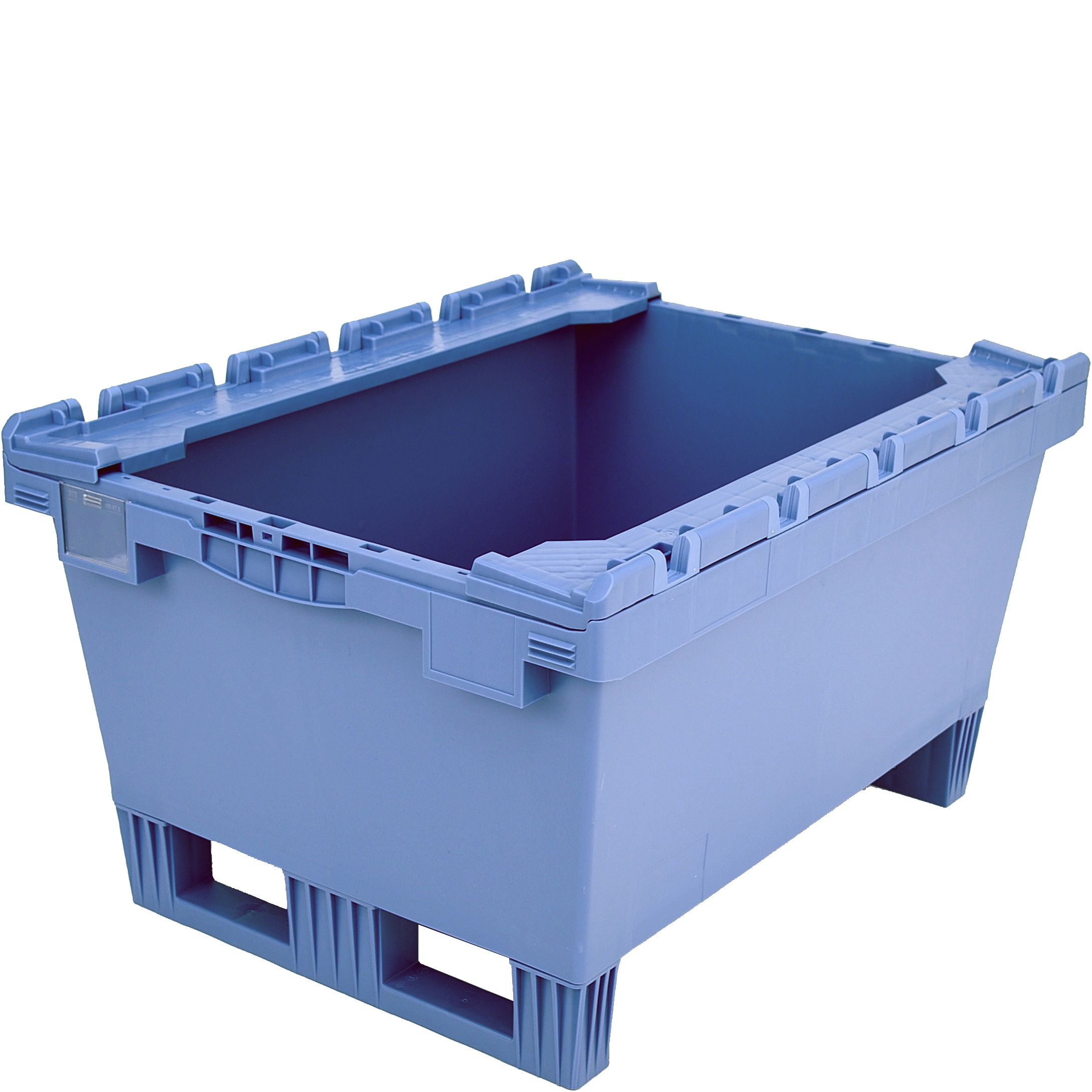 Mehrwegbehälter MB - Rippenboden MBB86321RKUFE - mit anscharnierten Stapelleisten und montierten Kufen