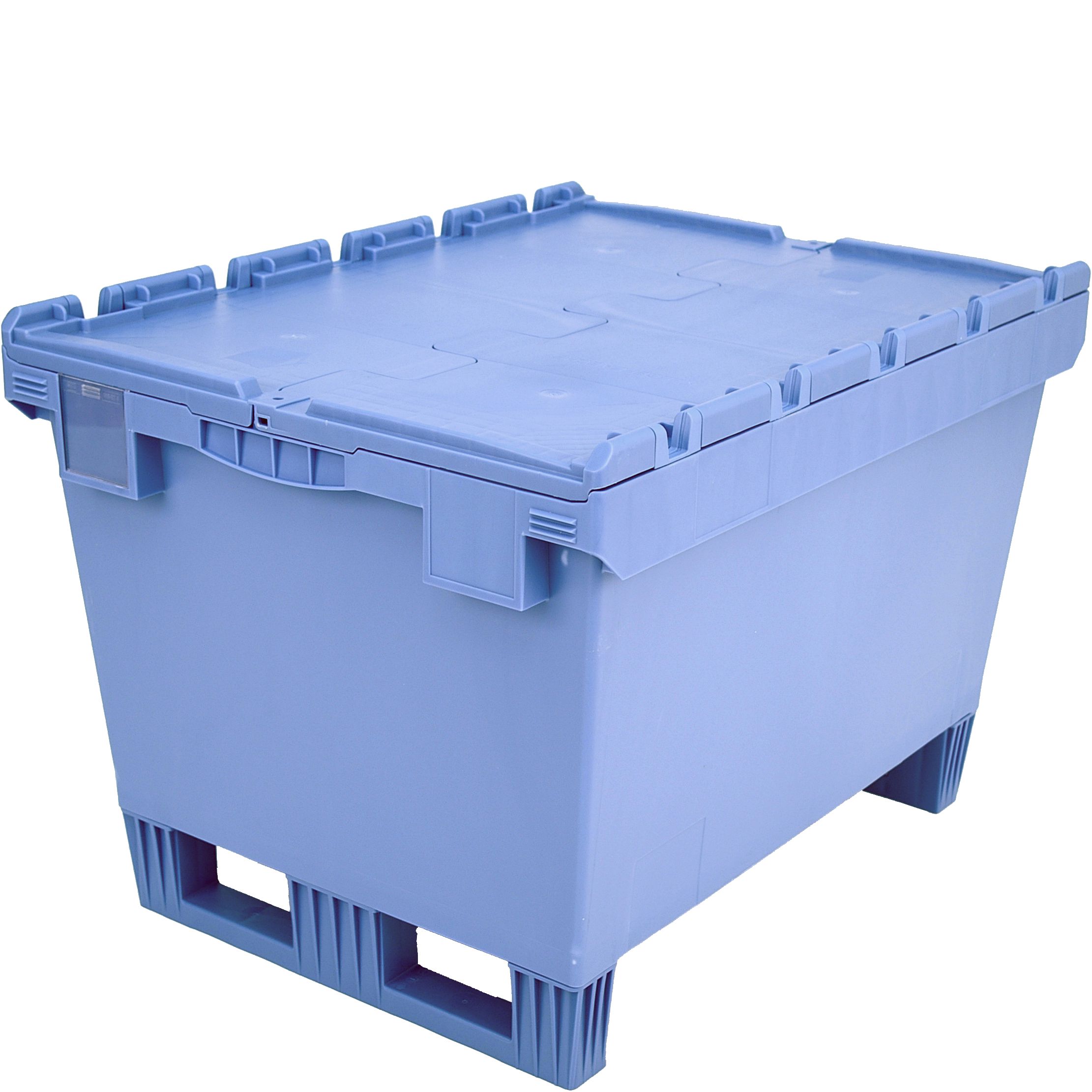 Mehrwegbehälter MB - Doppelboden MBD86421DKUFE - mit anscharniertem zweiteiligem Klappdeckel und montierten Kufen